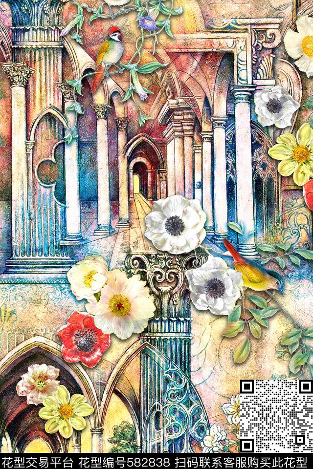 欧式罗马柱建筑数码印花华亿平台下载（图片编号: 582838） - 瓦栏（Walan）