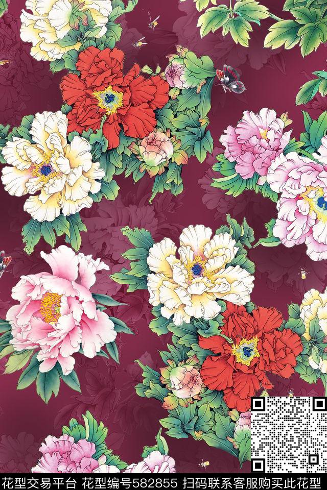 中国风花卉牡丹数码印花华亿平台下载（图片编号: 582855） - 瓦栏（Walan）
