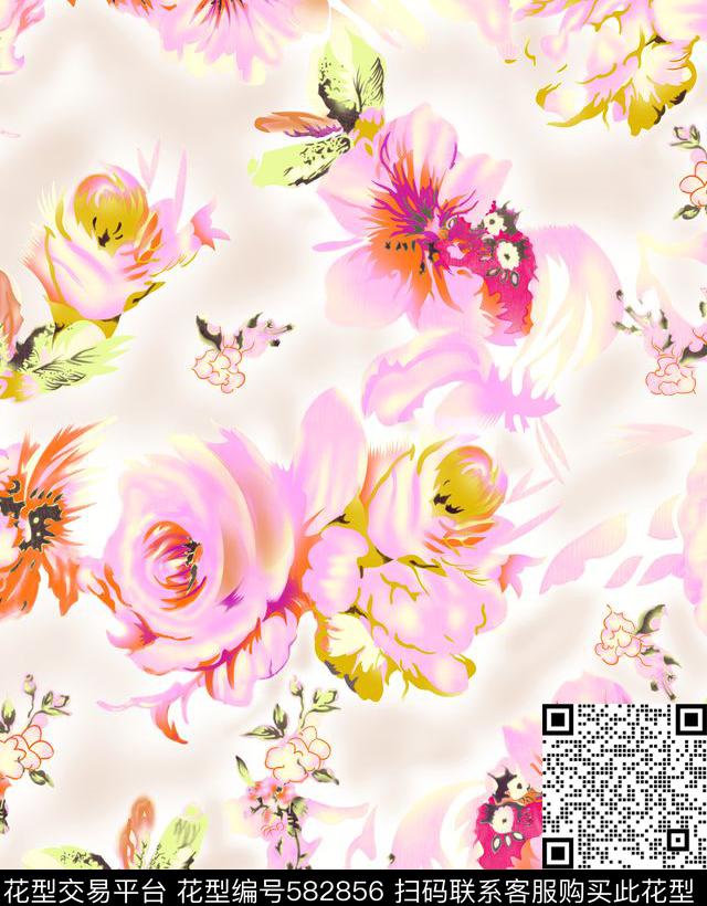 桃花花鸟花卉组合传统印花华亿平台下载（图片编号: 582856） - 瓦栏（Walan）