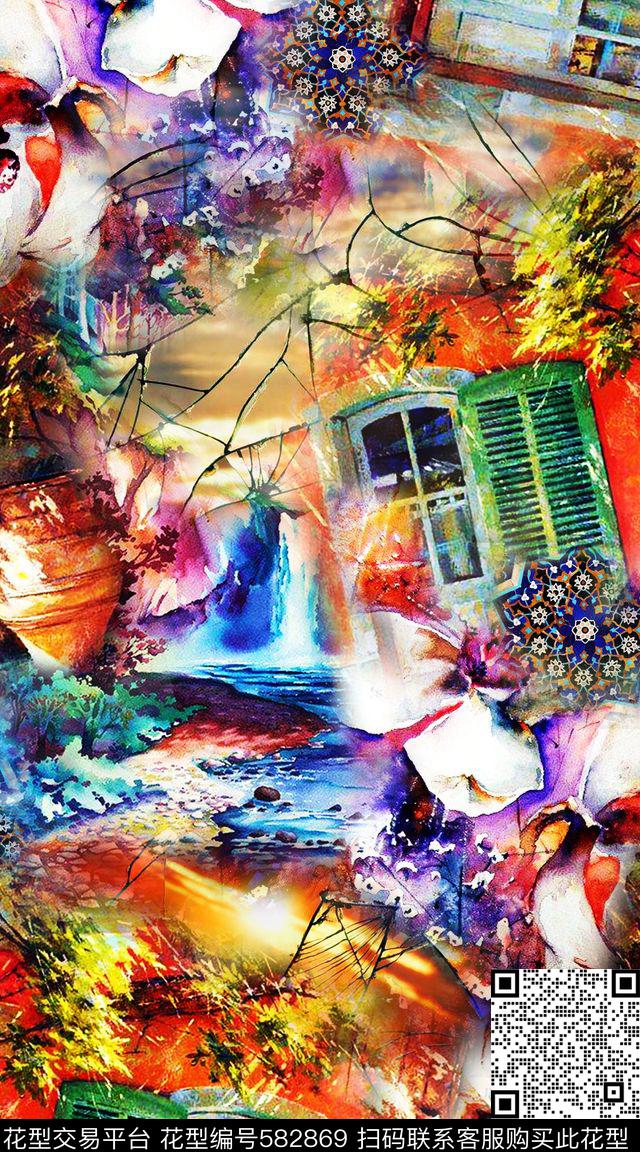 时尚建筑花卉图腾数码印花华亿平台下载（图片编号: 582869） - 瓦栏（Walan）
