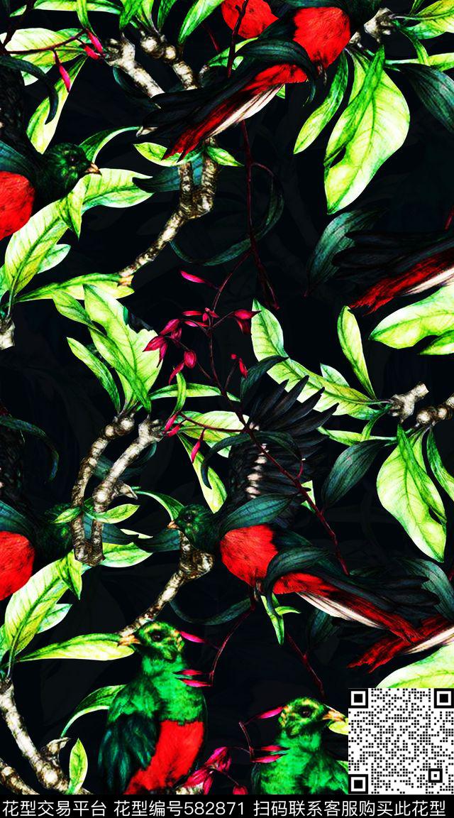 复古树枝花鸟数码印花华亿平台下载（图片编号: 582871） - 瓦栏（Walan）