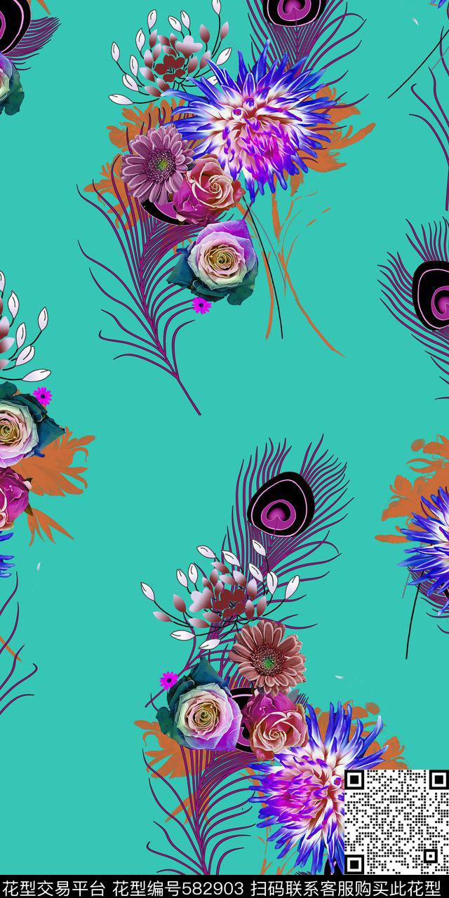 东南亚羽毛花朵数码印花华亿平台下载（图片编号: 582903） - 瓦栏（Walan）