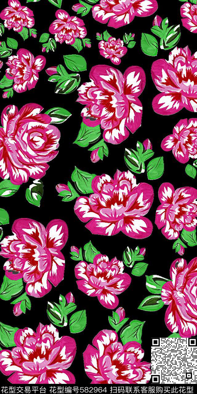 手绘经典花卉数码印花华亿平台下载（图片编号: 582964） - 瓦栏（Walan）