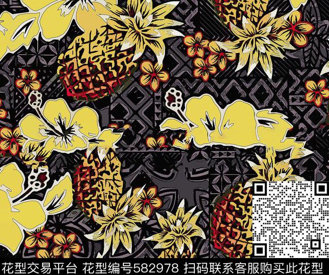几何花卉菠萝传统印花华亿平台下载（图片编号: 582978） - 瓦栏（Walan）