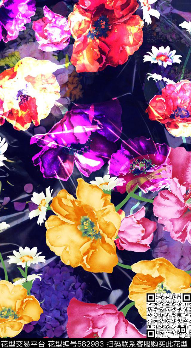 潮流时尚花卉浪漫大花朵数码印花华亿平台下载（图片编号: 582983） - 瓦栏（Walan）