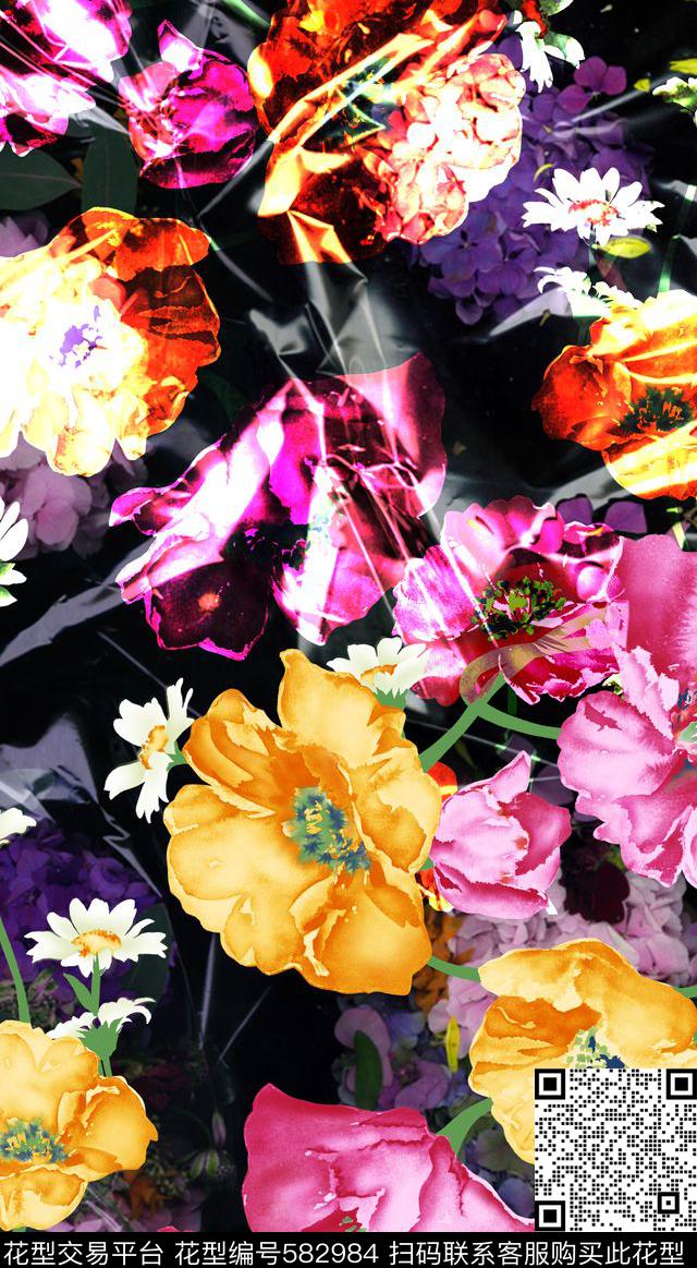 潮流时尚花卉浪漫大花朵数码印花华亿平台下载（图片编号: 582984） - 瓦栏（Walan）