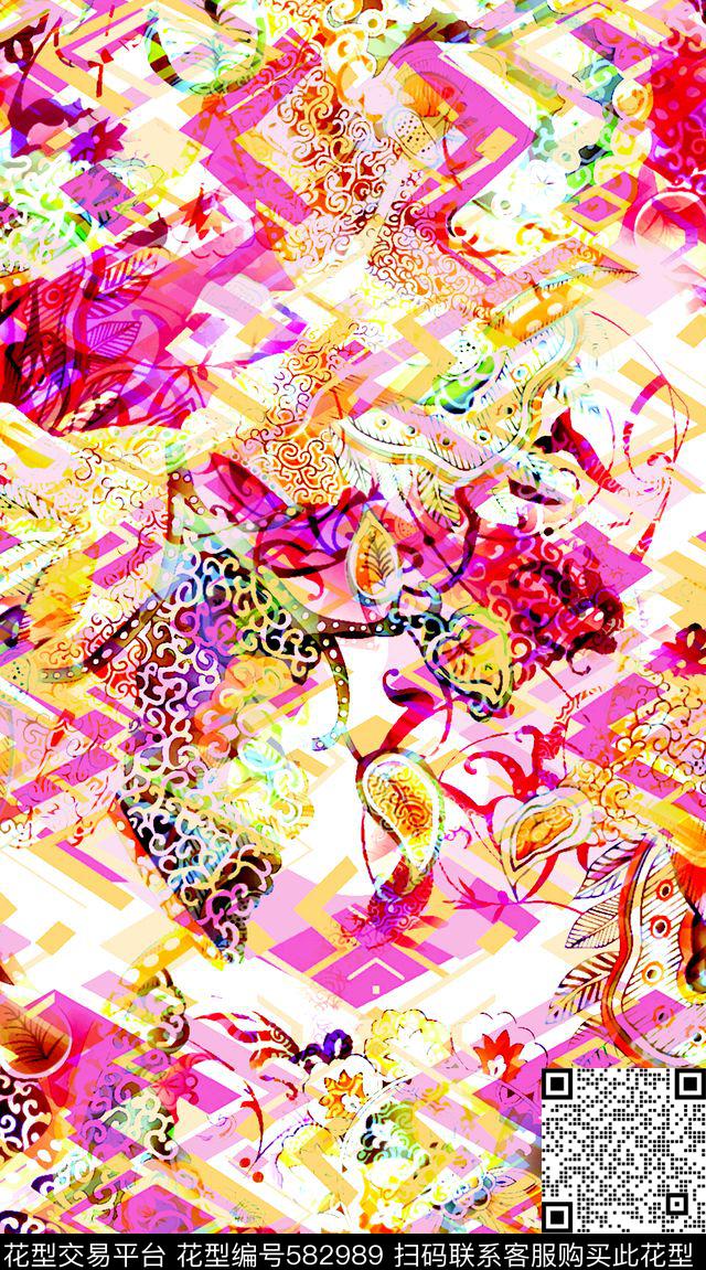 休闲花卉几何花纹数码印花华亿平台下载（图片编号: 582989） - 瓦栏（Walan）