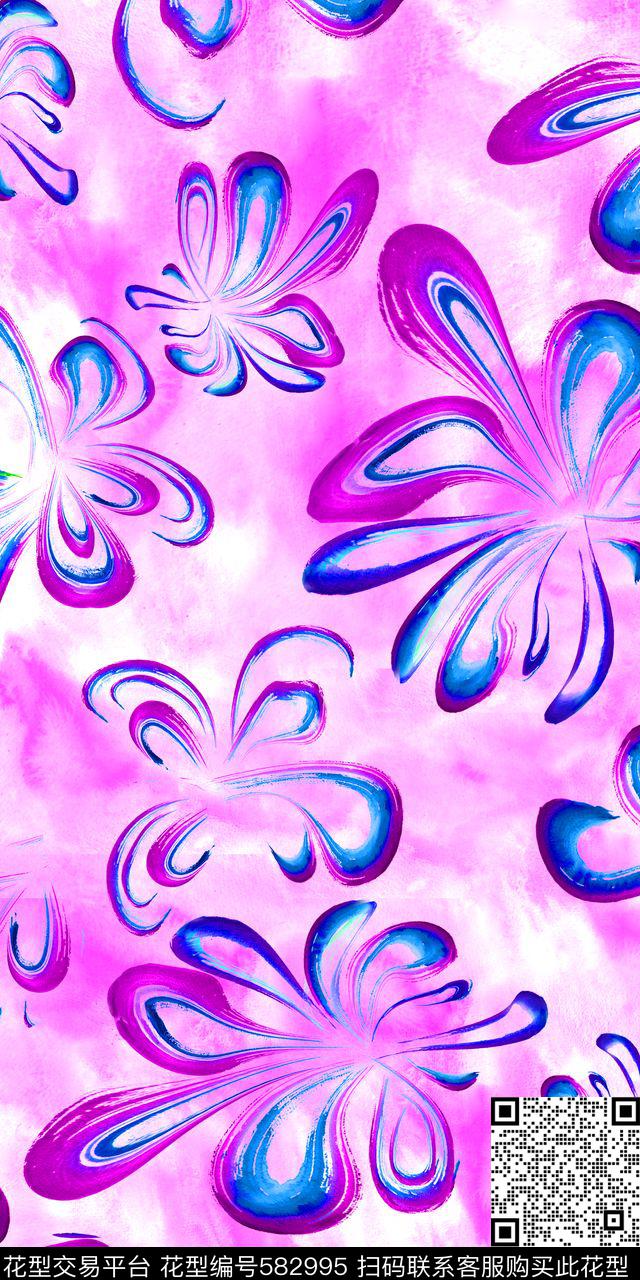 笔触手绘花卉传统印花华亿平台下载（图片编号: 582995） - 瓦栏（Walan）