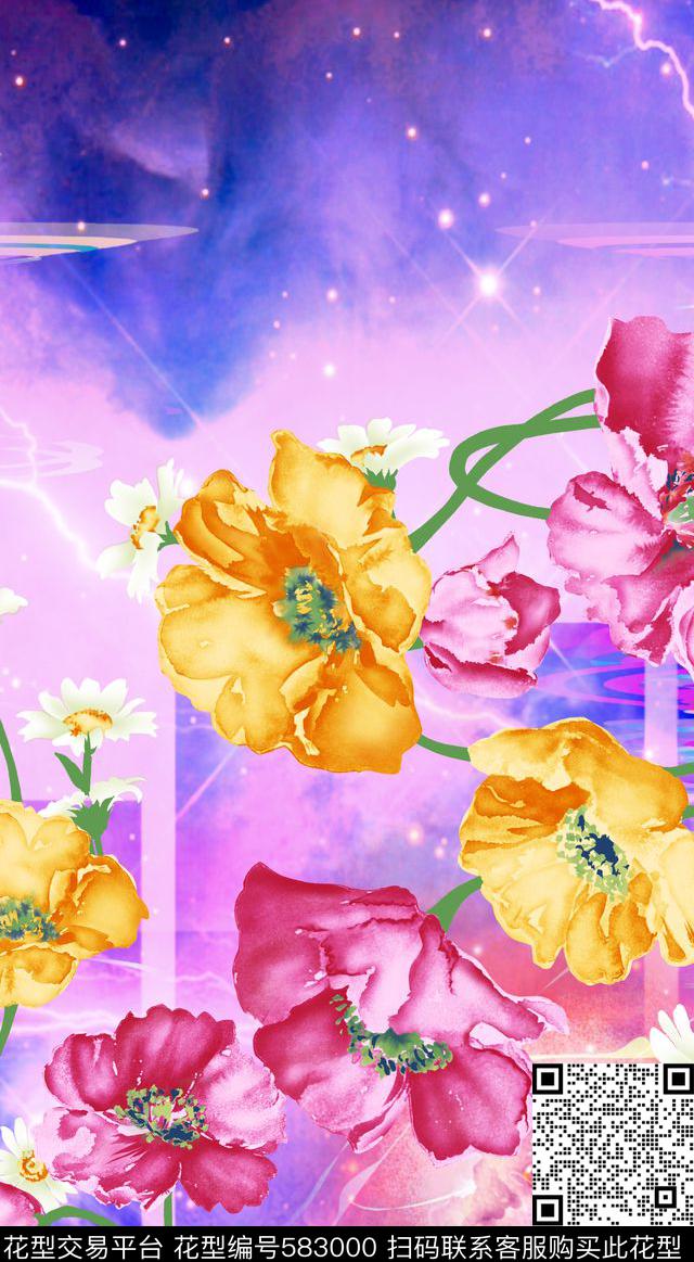 潮流时尚花卉浪漫花卉数码印花华亿平台下载（图片编号: 583000） - 瓦栏（Walan）