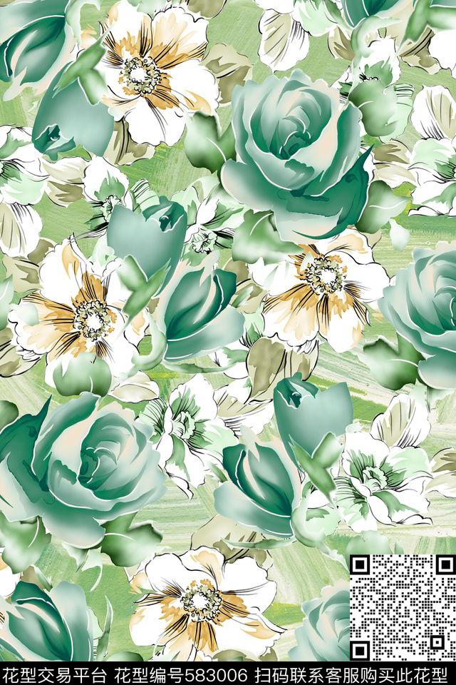 水彩花卉笔刷纹理女装数码印花华亿平台下载（图片编号: 583006） - 瓦栏（Walan）