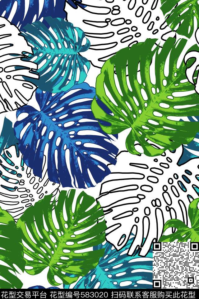 树叶植物热带雨林传统印花华亿平台下载（图片编号: 583020） - 瓦栏（Walan）