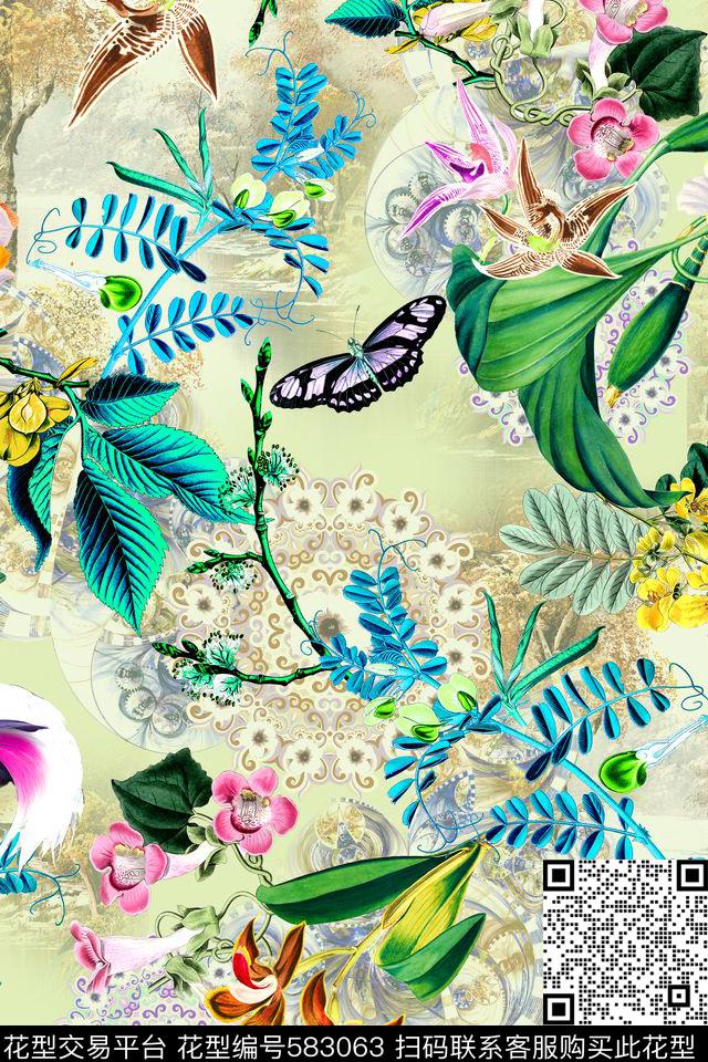 热带天堂鸟花蝴蝶数码印花华亿平台下载（图片编号: 583063） - 瓦栏（Walan）
