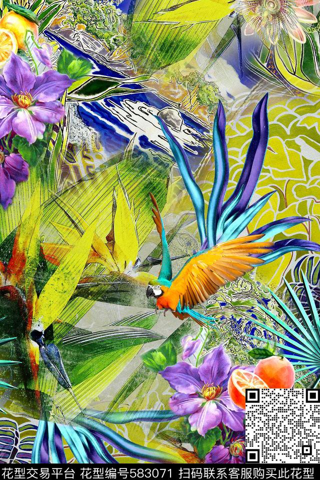 天堂鸟花棕榈叶热带数码印花华亿平台下载（图片编号: 583071） - 瓦栏（Walan）