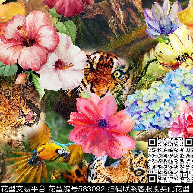 热带动物树叶花卉数码印花华亿平台下载（图片编号: 583092） - 瓦栏（Walan）