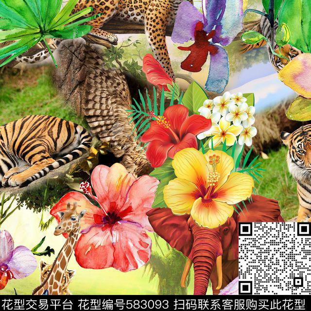 热带森林动物花卉数码印花华亿平台下载（图片编号: 583093） - 瓦栏（Walan）