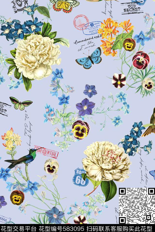 牡丹花卉英伦数码印花华亿平台下载（图片编号: 583095） - 瓦栏（Walan）