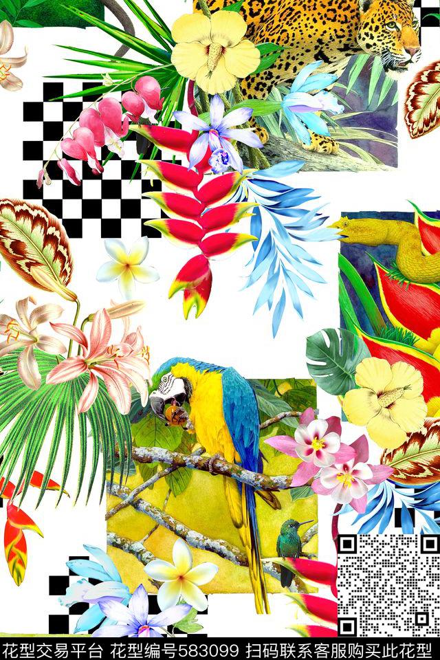 天堂鸟花棕榈叶热带数码印花华亿平台下载（图片编号: 583099） - 瓦栏（Walan）