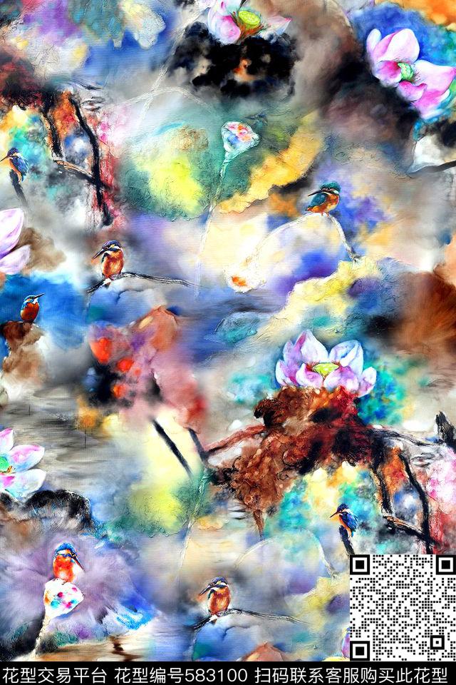 水彩水墨牡丹数码印花华亿平台下载（图片编号: 583100） - 瓦栏（Walan）