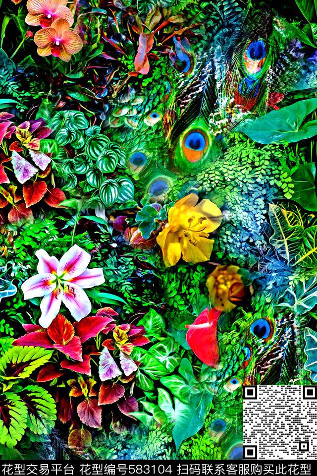 丛林天堂鸟花热带数码印花华亿平台下载（图片编号: 583104） - 瓦栏（Walan）