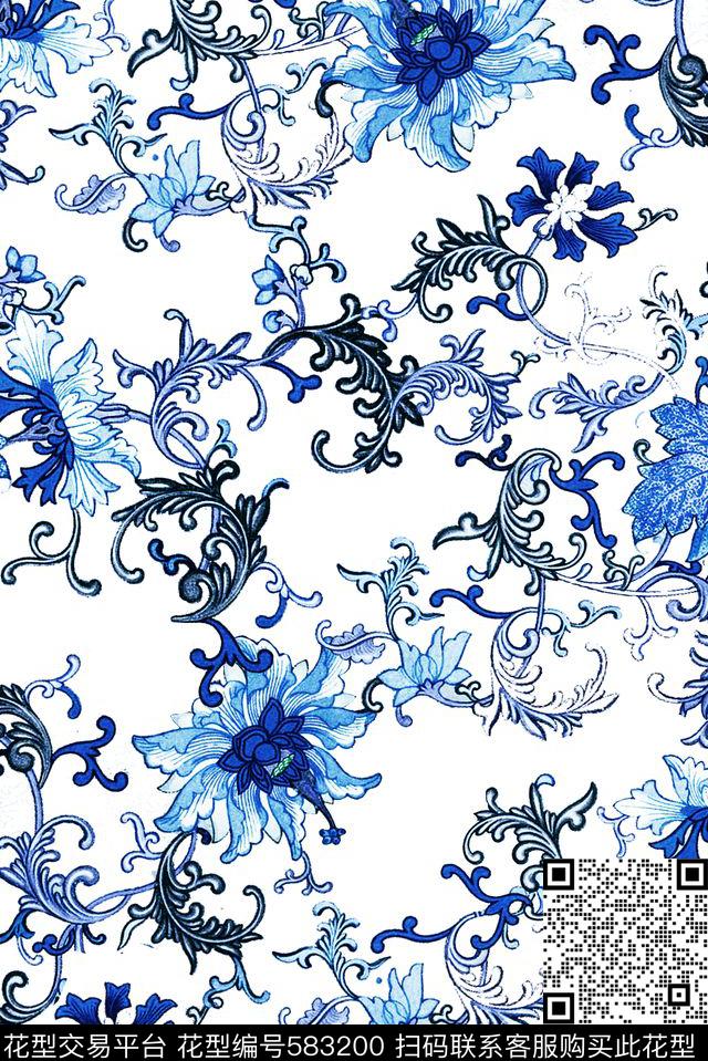 中国风青花梵尔民族风数码印花华亿平台下载（图片编号: 583200） - 瓦栏（Walan）