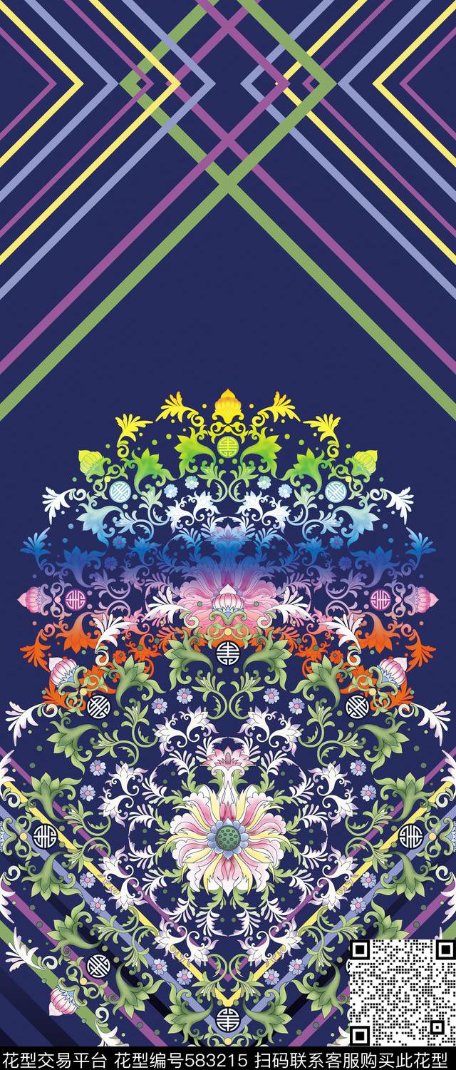 中国风过渡小花乱折条数码印花华亿平台下载（图片编号: 583215） - 瓦栏（Walan）