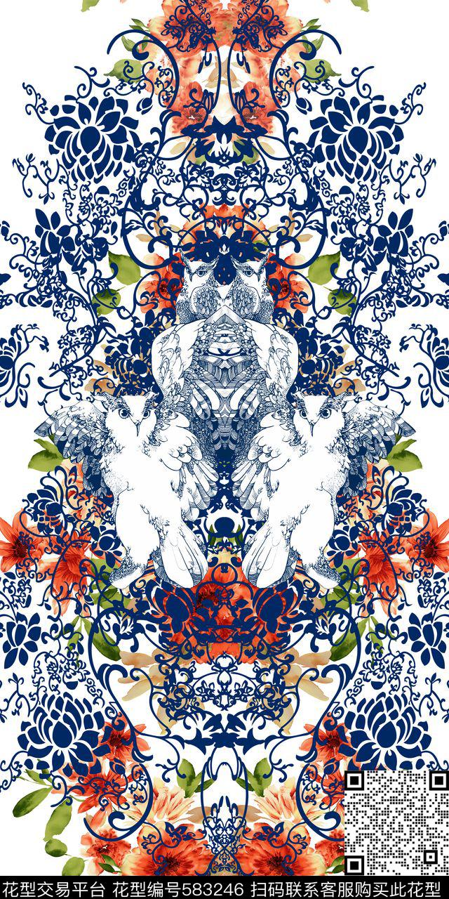 青花鹦鹉水墨花卉数码印花华亿平台下载（图片编号: 583246） - 瓦栏（Walan）
