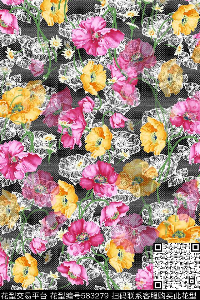 蕾丝底纹花卉罂粟花数码印花华亿平台下载（图片编号: 583279） - 瓦栏（Walan）