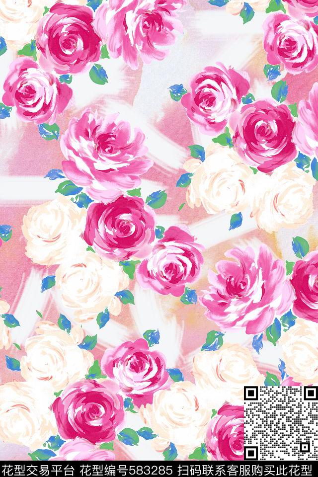 笔刷玫瑰花卉数码印花华亿平台下载（图片编号: 583285） - 瓦栏（Walan）