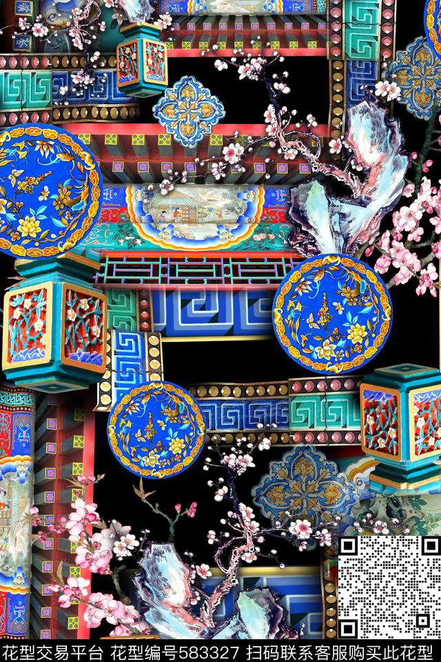 复古建筑花卉数码印花华亿平台下载（图片编号: 583327） - 瓦栏（Walan）