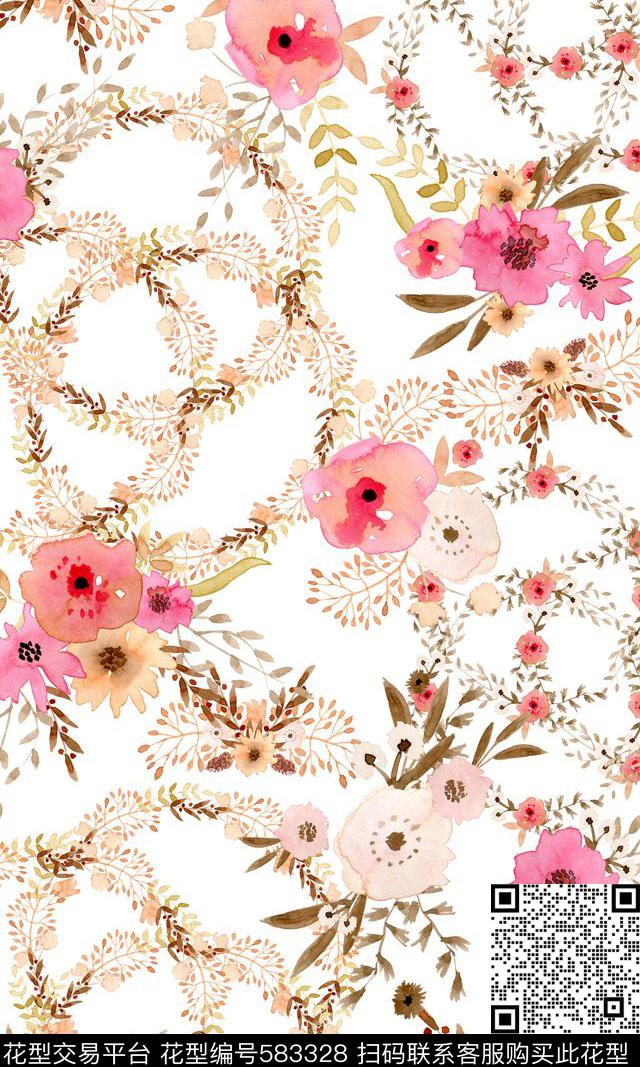 手绘花卉温馨淡雅浪漫数码印花华亿平台下载（图片编号: 583328） - 瓦栏（Walan）