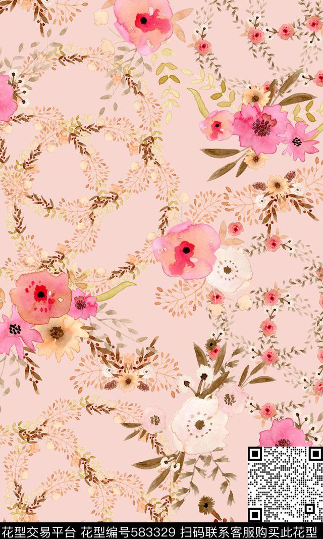 手绘花卉温馨淡雅浪漫数码印花华亿平台下载（图片编号: 583329） - 瓦栏（Walan）