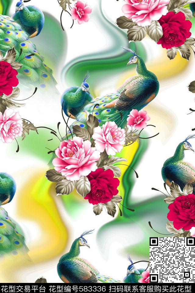 花卉孔雀纯色底散花数码印花华亿平台下载（图片编号: 583336） - 瓦栏（Walan）