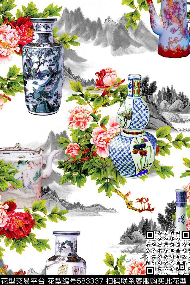 花卉青花瓷中国风数码印花华亿平台下载（图片编号: 583337） - 瓦栏（Walan）