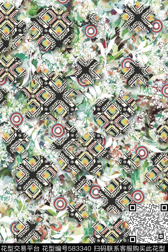 花卉几何传统华亿平台数码印花华亿平台下载（图片编号: 583340） - 瓦栏（Walan）