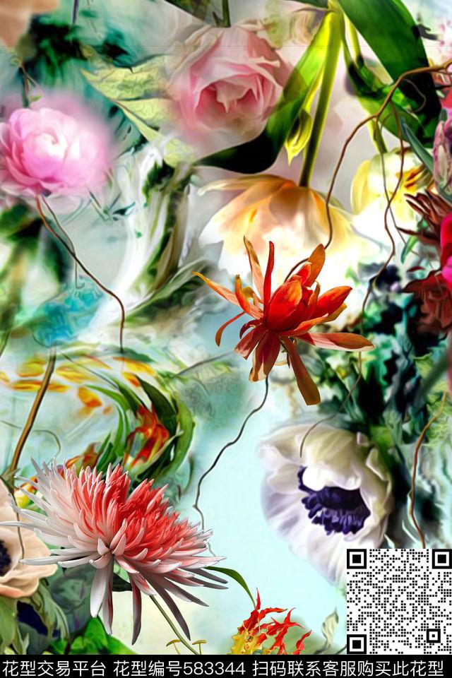 花卉朦胧热带风情数码印花华亿平台下载（图片编号: 583344） - 瓦栏（Walan）