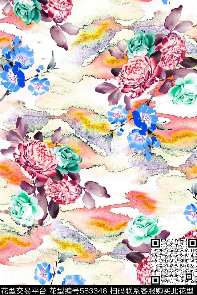 花卉立体晕染数码印花华亿平台下载（图片编号: 583346） - 瓦栏（Walan）
