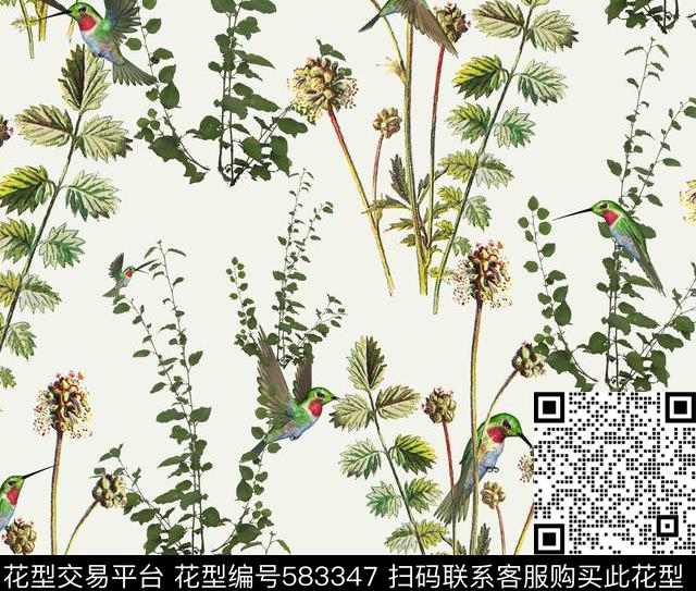 蜂鸟浪漫花卉植物数码印花华亿平台下载（图片编号: 583347） - 瓦栏（Walan）