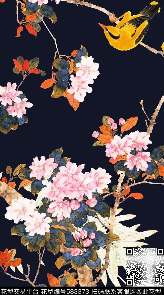 中国风工笔画花鸟数码印花华亿平台下载（图片编号: 583373） - 瓦栏（Walan）
