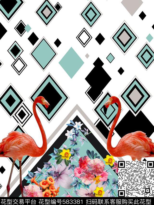 几何定位花卉数码印花华亿平台下载（图片编号: 583381） - 瓦栏（Walan）