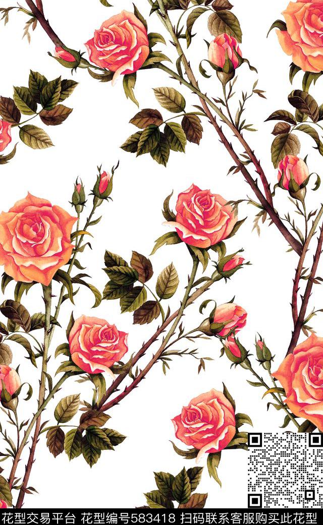 玫瑰花时尚连衣裙最新流行花卉数码印花华亿平台下载（图片编号: 583418） - 瓦栏（Walan）
