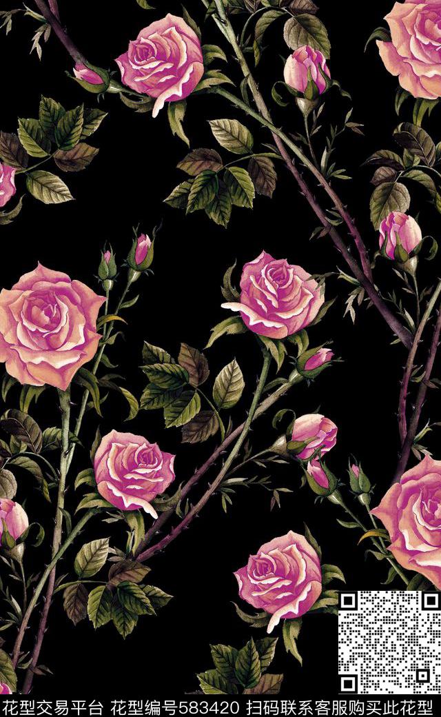 玫瑰花时尚连衣裙最新流行花卉数码印花华亿平台下载（图片编号: 583420） - 瓦栏（Walan）