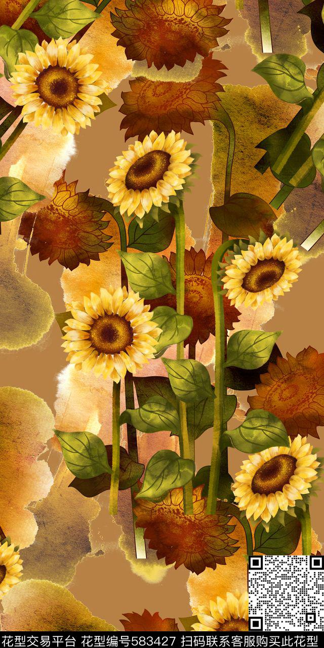 复古肌理向日葵数码印花华亿平台下载（图片编号: 583427） - 瓦栏（Walan）