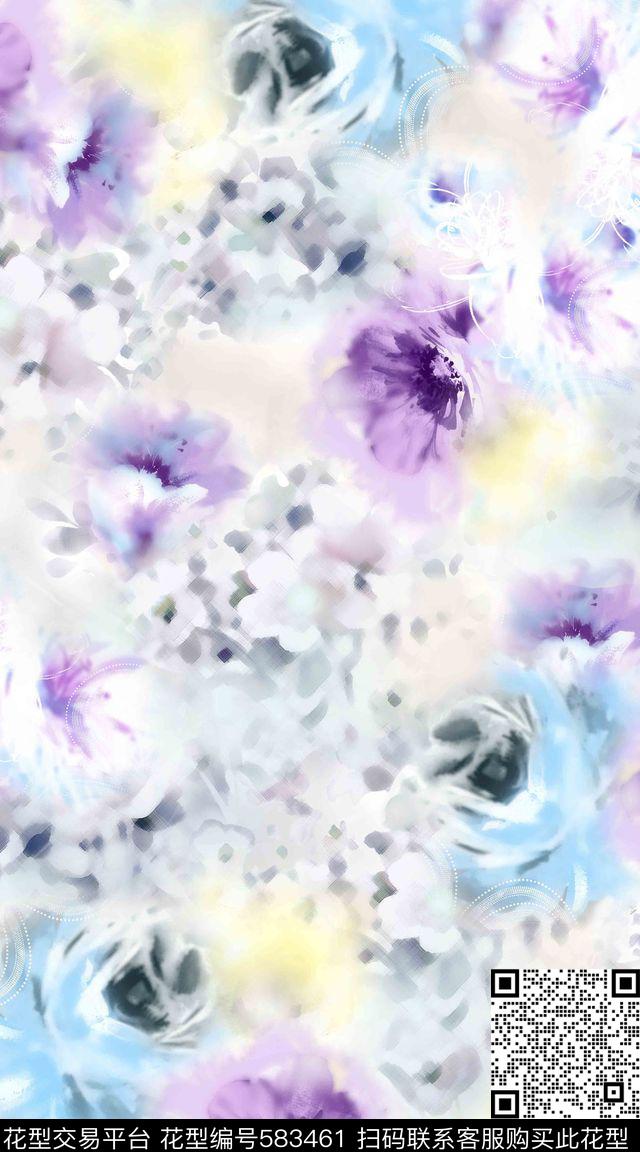 花卉大牌配色水彩花卉数码印花华亿平台下载（图片编号: 583461） - 瓦栏（Walan）