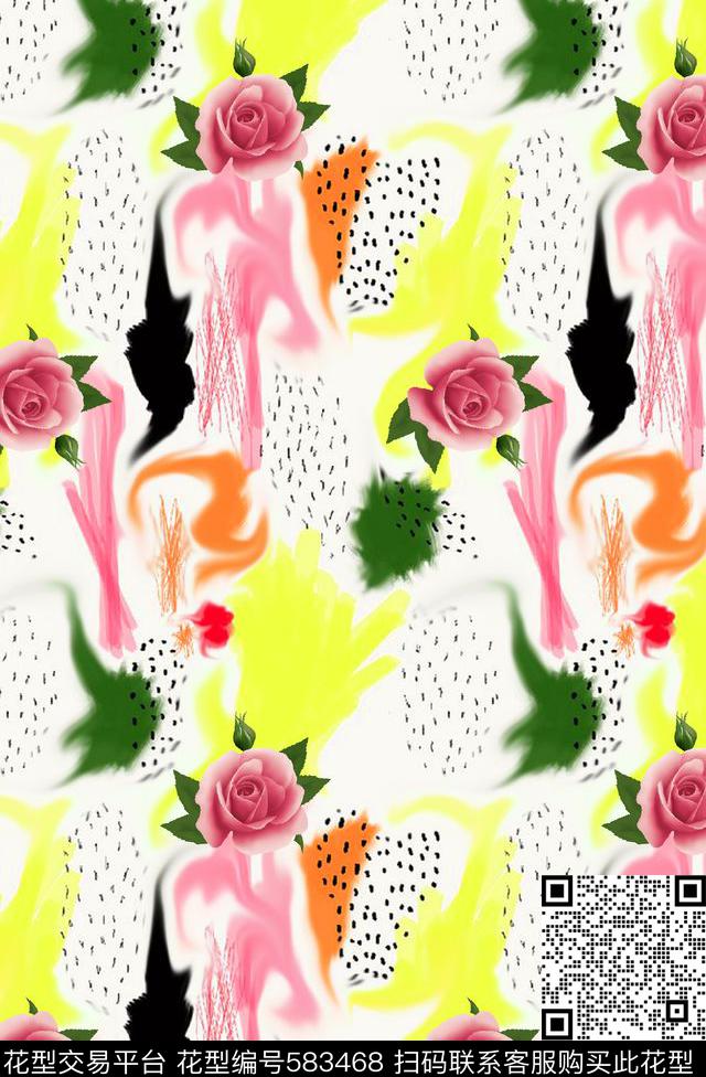 时尚潮流手绘水彩花卉数码印花华亿平台下载（图片编号: 583468） - 瓦栏（Walan）