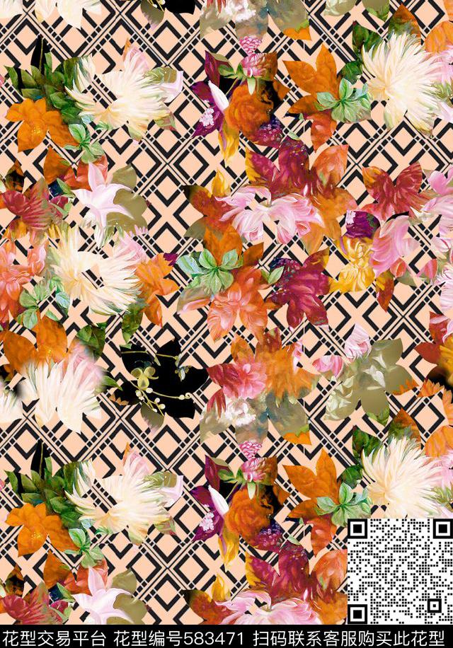 格子花卉数码印花华亿平台下载（图片编号: 583471） - 瓦栏（Walan）
