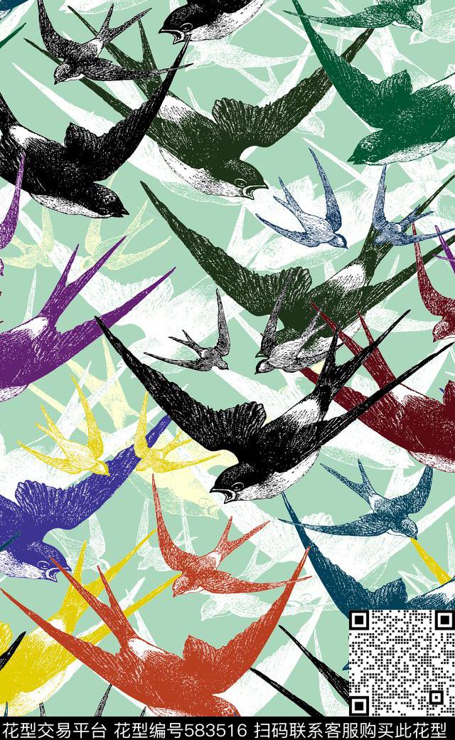天堂鸟燕子动物皮纹传统印花华亿平台下载（图片编号: 583516） - 瓦栏（Walan）