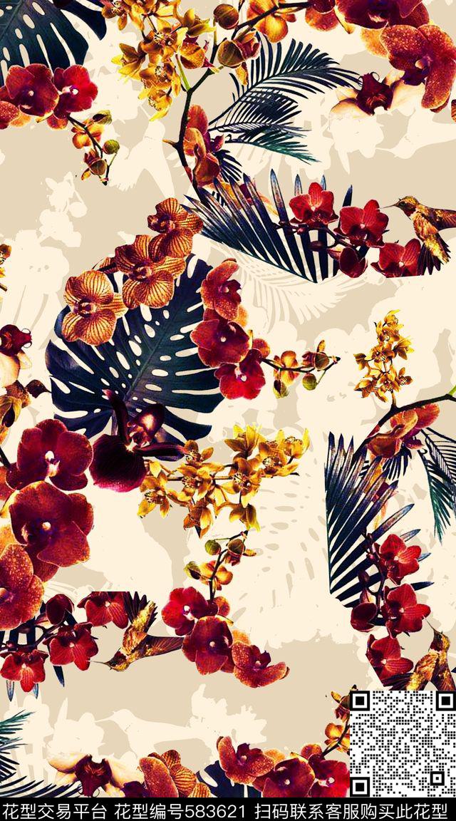 复古花卉叶子数码印花华亿平台下载（图片编号: 583621） - 瓦栏（Walan）