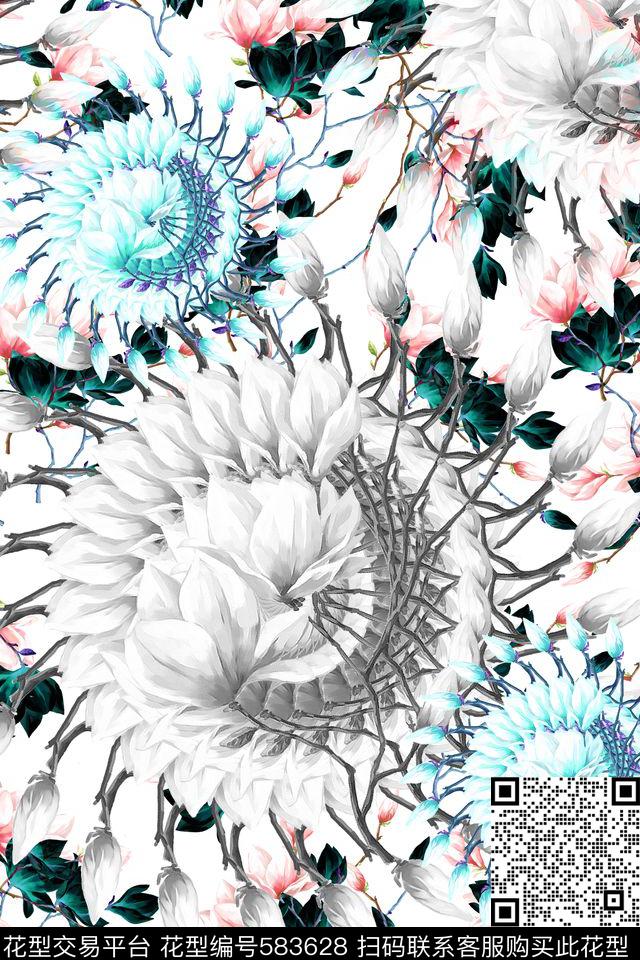 L.D~手绘花卉L.D~浪漫传统印花华亿平台下载（图片编号: 583628） - 瓦栏（Walan）