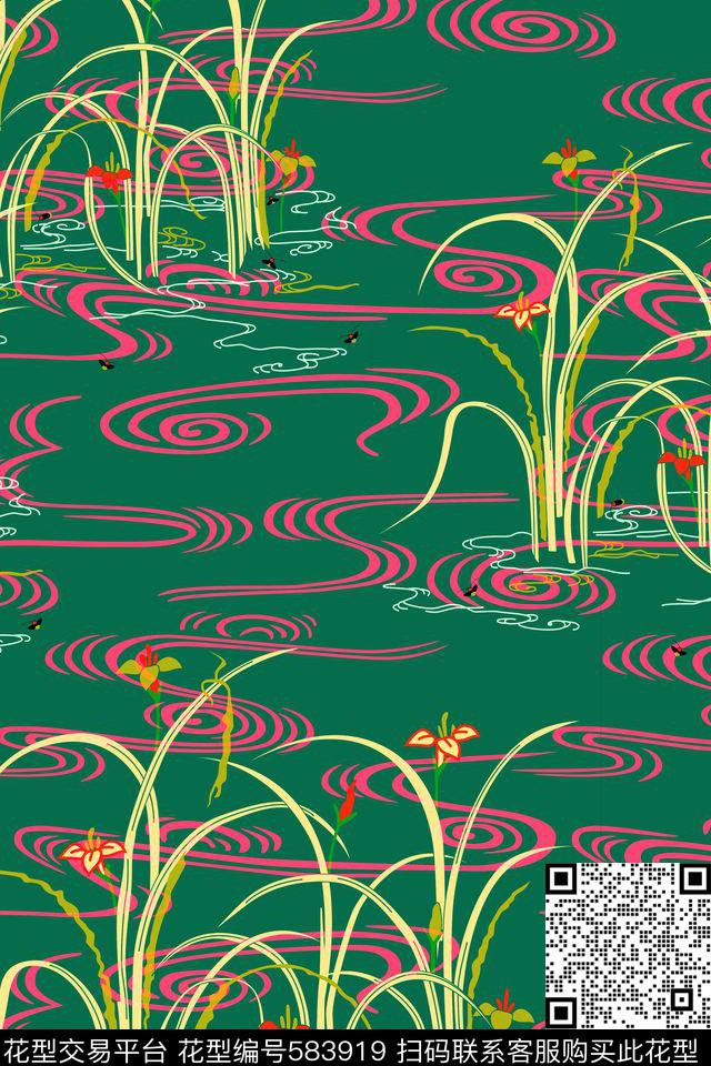 中国风水波水草清新传统印花华亿平台下载（图片编号: 583919） - 瓦栏（Walan）
