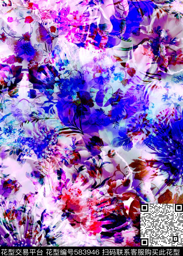 五彩瑕疵花卉数码印花华亿平台下载（图片编号: 583946） - 瓦栏（Walan）